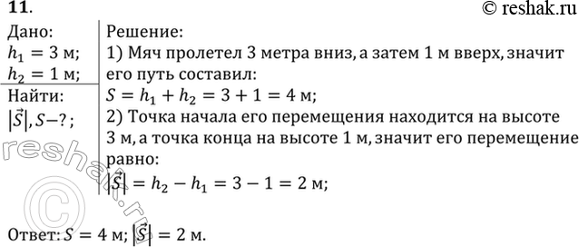Изображение Мяч упал с высоты 3м, отскочил от пола и был пойман на высоте 1м. Найти путь и перемещение...