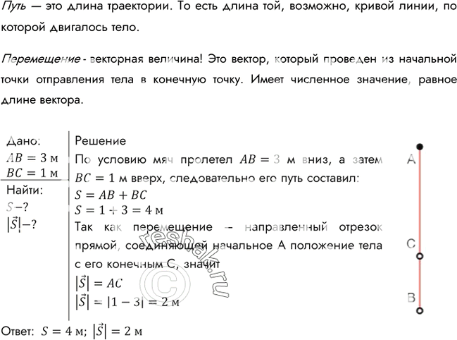 Изображение Мяч упал с высоты 3м, отскочил от пола и был пойман на высоте 1м. Найти путь и перемещение...